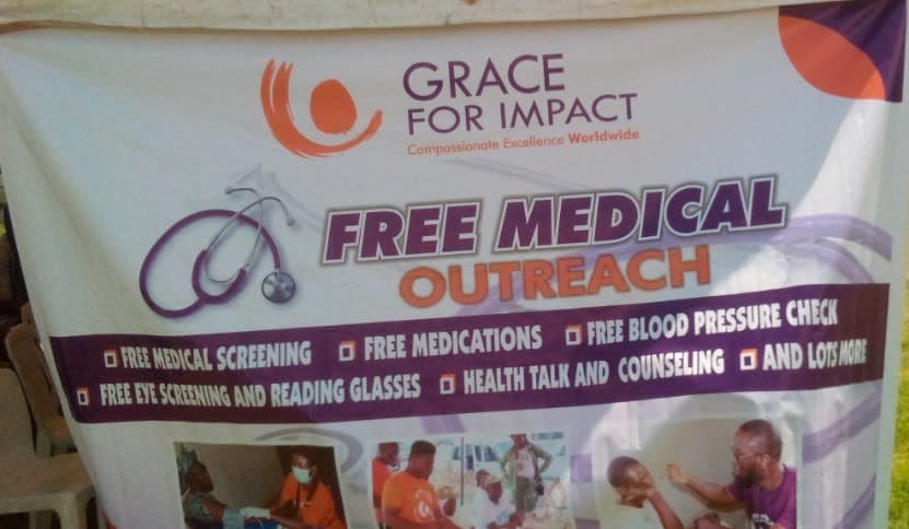 Free Medical Outreach event banner — Grace for Impact, with a stethoscope graphic and a list of services: screening, medications, blood pressure check, eye screening, reading glasses, health talk and counseling.